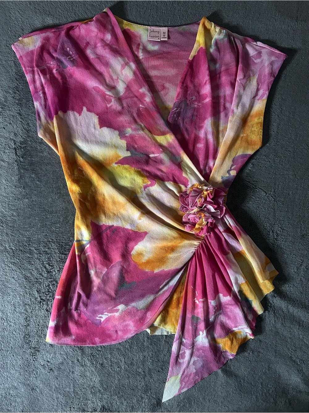 Pink & Yellow Floral Surplice Blouse with Side Rosette